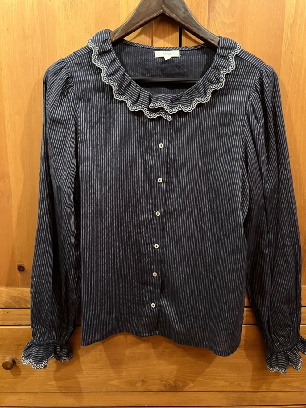 Yerse Navy Pinstripe Button Front Blouse with Peter Pan Collar